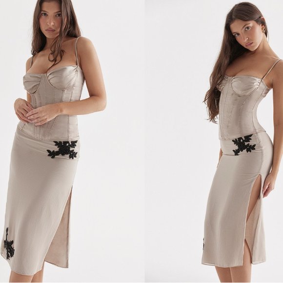 HOUSE OF CB 'Amal' Champagne Beaded Midi Skirt NWOT - Picture 2 of 4